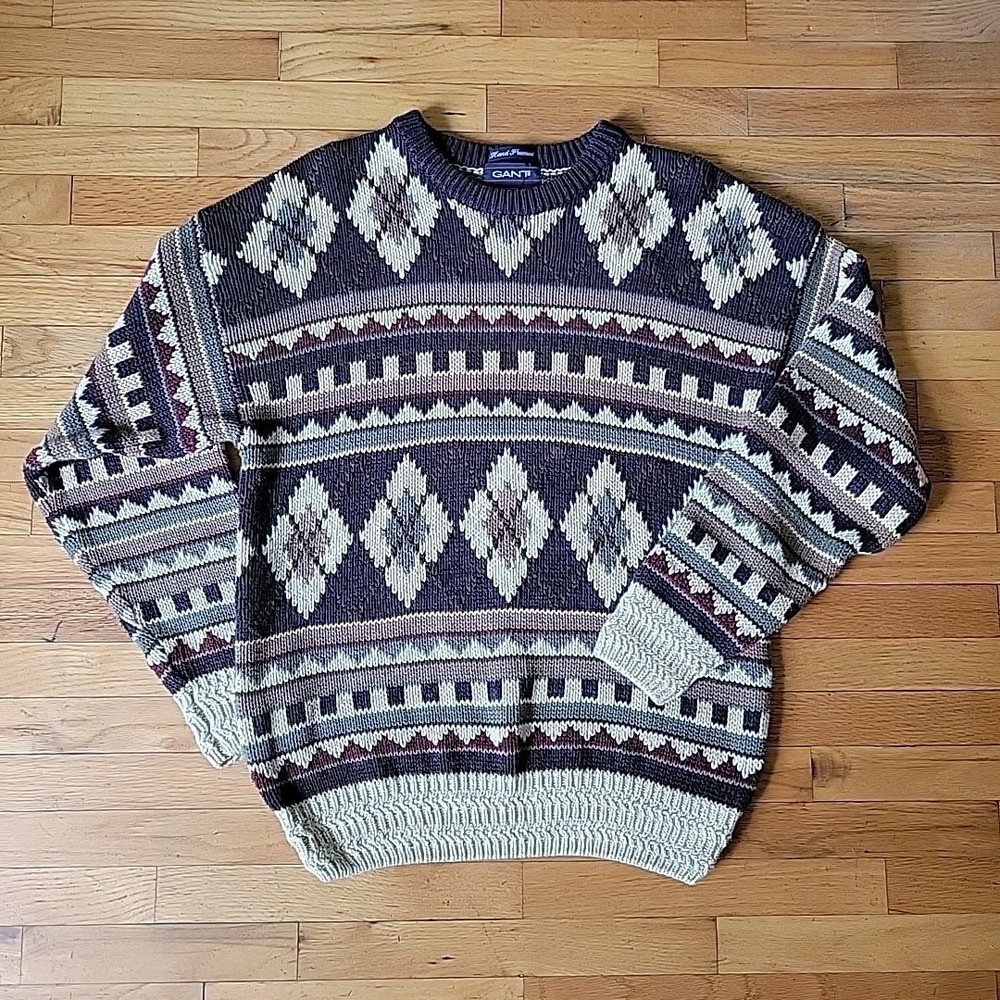 Gant Vintage Hand Framed Argyle Geometric Knit Crewneck Pullover Sweater Preppy